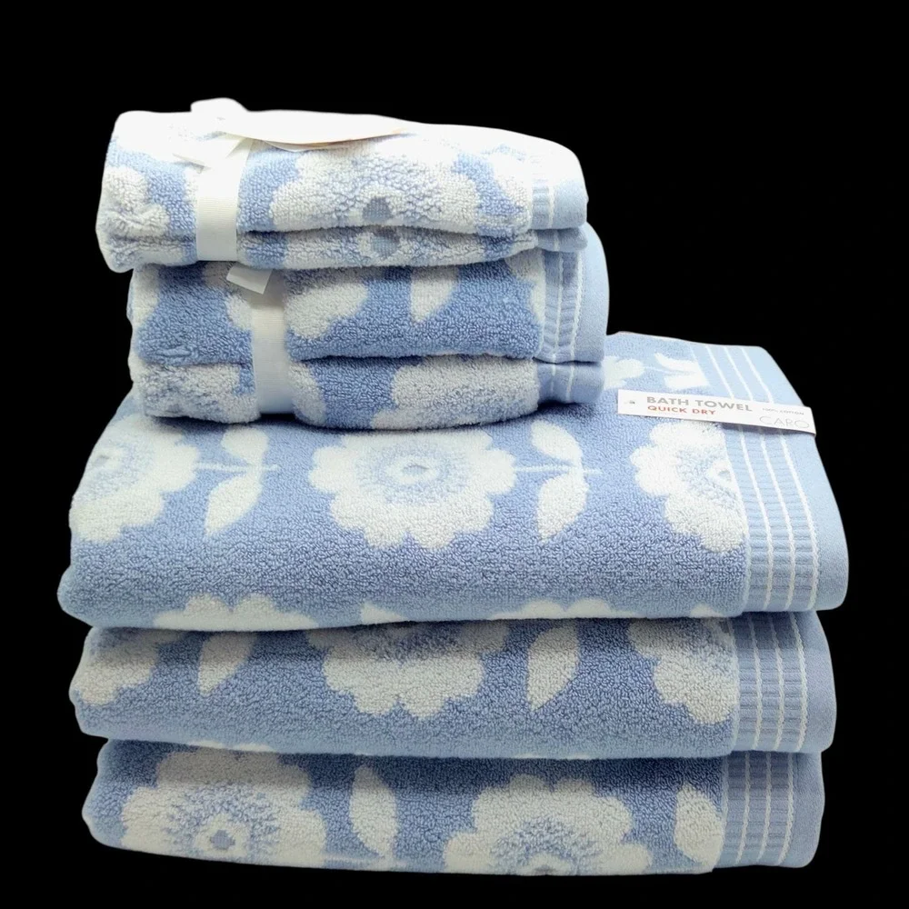 Caro Home 7pc Blue White Daisy Days Cotton Towel Set 3 Bath 2 Hand 2 Tip Cottage